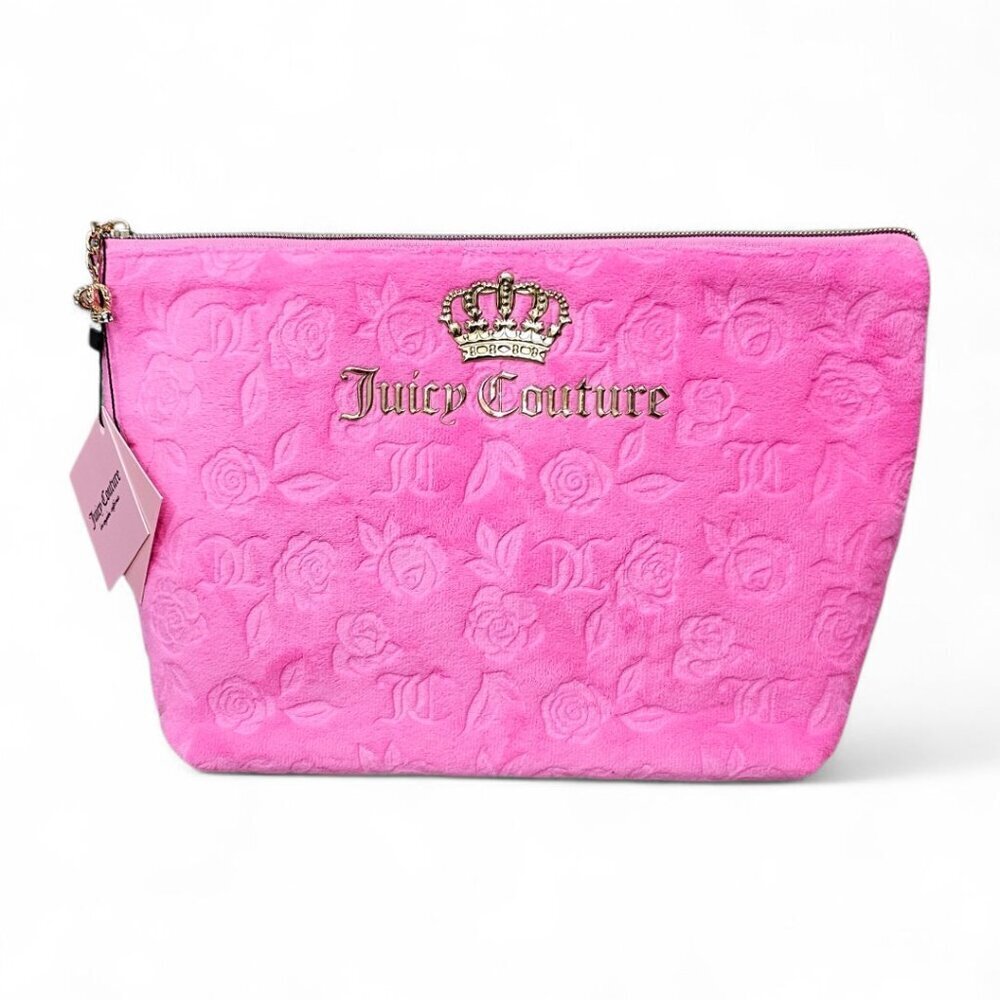 Juicy Couture New Floral Embossed Velour Pink Travel Cosmetic Makeup Bag Set